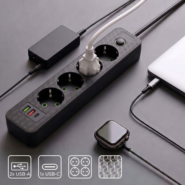 Toolight Toollight, JNH021-4A, elosztósáv 4 aljzat + 2× USB-A + USB-C, 1,8 m, fekete, OSW-56200