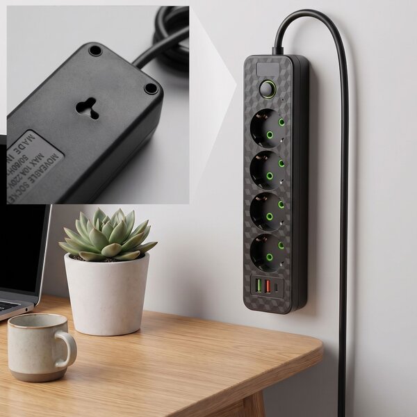 Toolight Toollight, JNH021-4A, elosztósáv 4 aljzat + 2× USB-A + USB-C, 1,8 m, fekete, OSW-56200