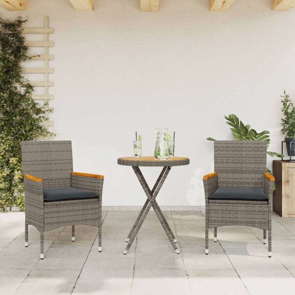 VidaXL 3 részes szürke polyrattan és akácfa bisztrószett párnákkal