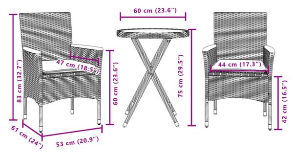 VidaXL 3 részes szürke polyrattan és akácfa bisztrószett párnákkal