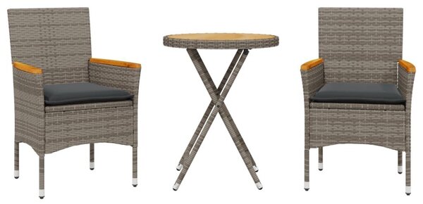 VidaXL 3 részes szürke polyrattan és akácfa bisztrószett párnákkal