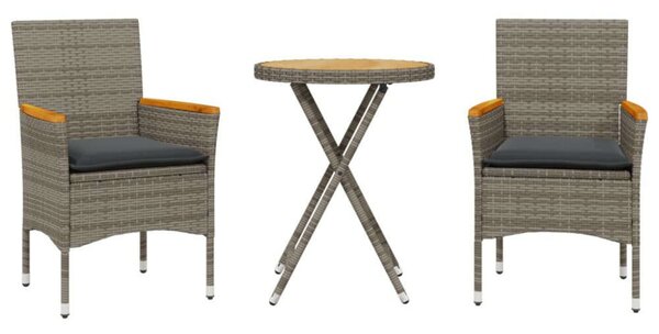 VidaXL 3 részes szürke polyrattan és akácfa bisztrószett párnákkal