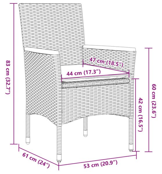 VidaXL 3 részes szürke polyrattan és akácfa bisztrószett párnákkal