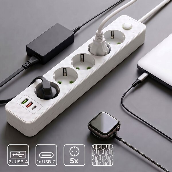 Toolight Toollight, JNH022-5A, elosztósáv 5 aljzattal + 2× USB-A + USB-C, 1,8 m, fehér, OSW-56203