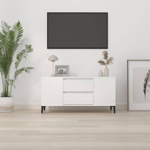 Fehér magasfényű szerelt fa TV-szekrény 102x44,5x50 cm