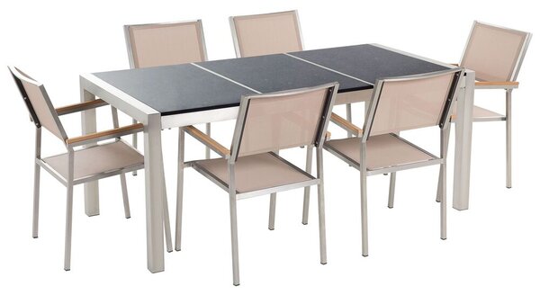 Hatszemélyes fekete osztott asztallapú étkezőasztal bézs textilén székekkel GROSSETO