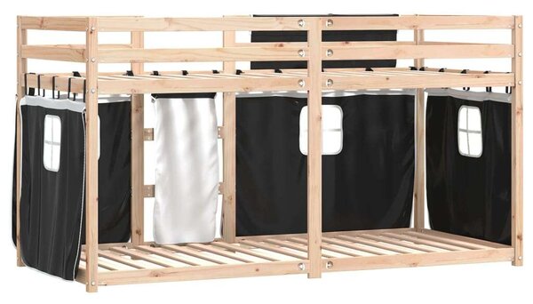 VidaXL Fehér/fekete Tömör fenyőfa emeletes ágy függönyökkel 80x200 cm