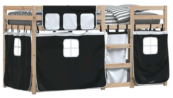 VidaXL Fehér/fekete Tömör fenyőfa emeletes ágy függönyökkel 80x200 cm