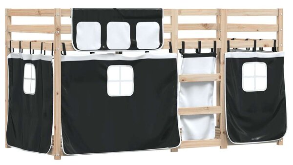 VidaXL Fehér/fekete Tömör fenyőfa emeletes ágy függönyökkel 80x200 cm