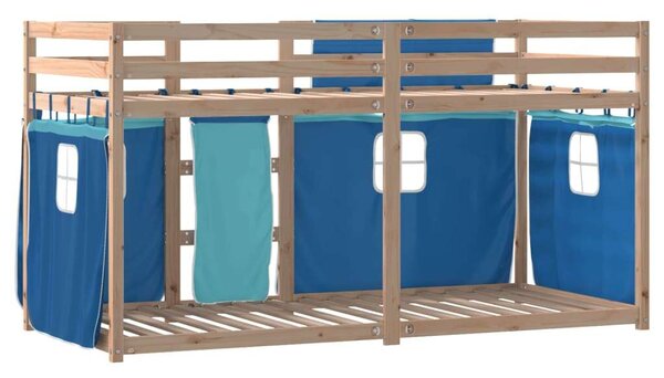VidaXL kék tömör fenyőfa emeletes ágy függönyökkel 80 x 200 cm