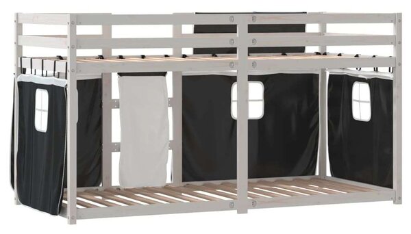 VidaXL fehér/fekete tömör fenyőfa emeletes ágy függönyökkel 80x200 cm