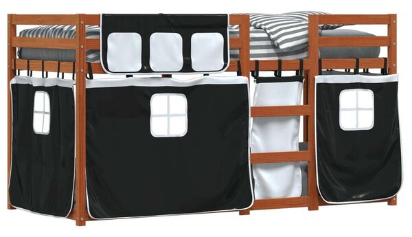 VidaXL fehér/fekete tömör fenyőfa emeletes ágy függönyökkel 80x200 cm