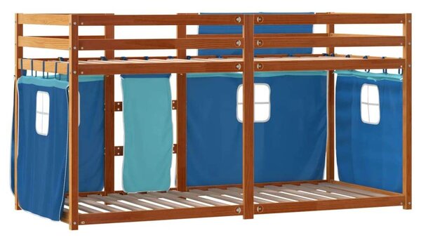 VidaXL kék tömör fenyőfa emeletes ágy függönyökkel 80 x 200 cm