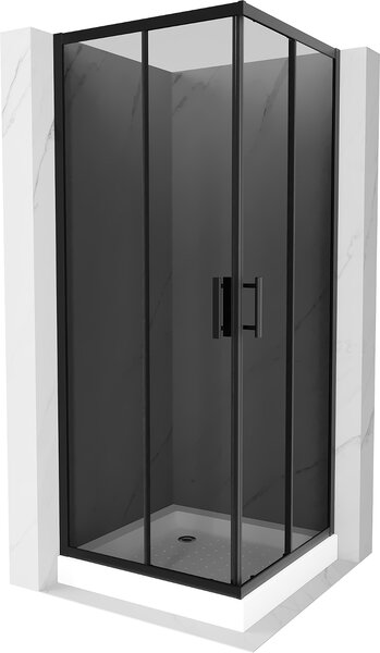 Mexen Rio, szögletes zuhanykabin 80(ajtó)x80(ajtó)x190 cm, 5mm szürke üveg, fekete profil + fehér zuhanytálca RIO, 860-080-080-70-40-4510