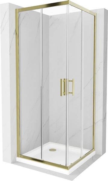 Mexen Rio, szögletes zuhany tolóajtóval 70 (ajtó) x 70 (ajtó) x 190 cm, 5mm átlátszó üveg, arany profil + SLIM zuhanytálca arany szifonnal, 860-070-070-50-00-4010G