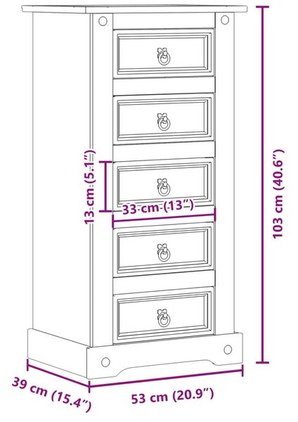 VidaXL Corona Éjjeliszekrény - 5 Fiókos - Tömör Fenyőfa - 53x39x103 cm