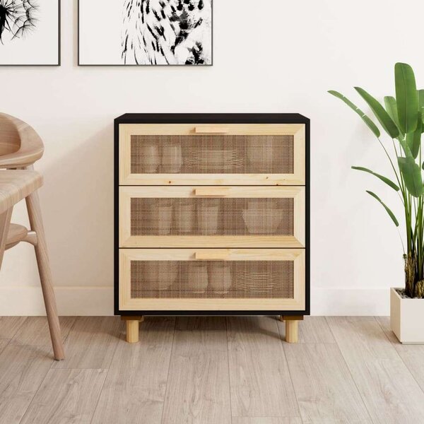 VidaXL fekete tömör fenyő/természetes rattan tálalószekrény 60x30x70cm
