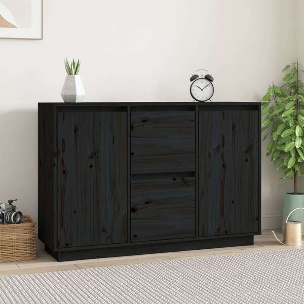 VidaXL fekete tömör fenyőfa tálalószekrény 111 x 34 x 75 cm