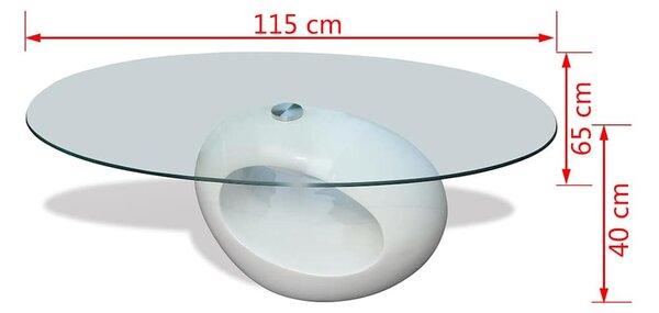 Magasfényű fehér dohányzóasztal ovális üveglappal