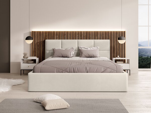 RINIMI Slim kárpitozott franciaágy ágyneműtartóval 160x200 - hideg bézs