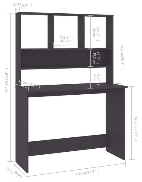 Szürke forgácslap íróasztal polcokkal 110 x 45 x 157 cm