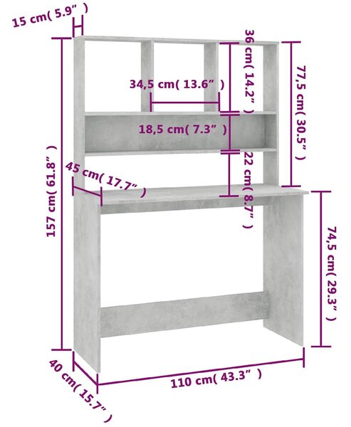 Betonszürke forgácslap íróasztal polcokkal 110 x 45 x 157 cm