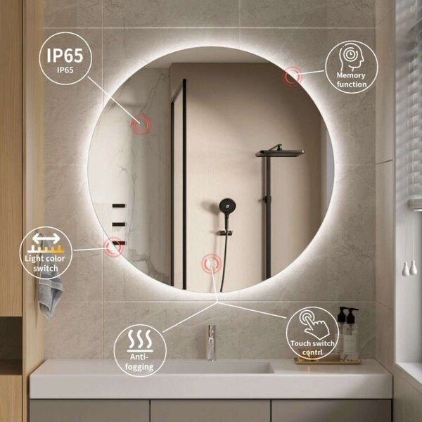 Kerek LED tükör 80cm, 1840 lm, 3 világos szín fűtési funkcióval