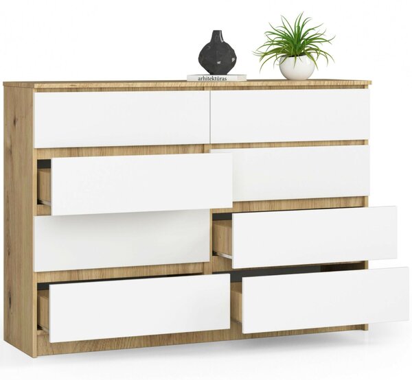 Akord - K140 Modern 8 Fiókos Komód kézműves tölgy/Fehér, Letisztult Formavilág, Elegáns Matt Felület 138x99 cm, Maximális Tárolókapacitás