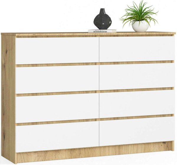 Akord - K140 Modern 8 Fiókos Komód kézműves tölgy/Fehér, Letisztult Formavilág, Elegáns Matt Felület 138x99 cm, Maximális Tárolókapacitás