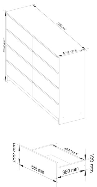 Akord - K140 Modern 8 Fiókos Komód kézműves tölgy/Fehér, Letisztult Formavilág, Elegáns Matt Felület 138x99 cm, Maximális Tárolókapacitás