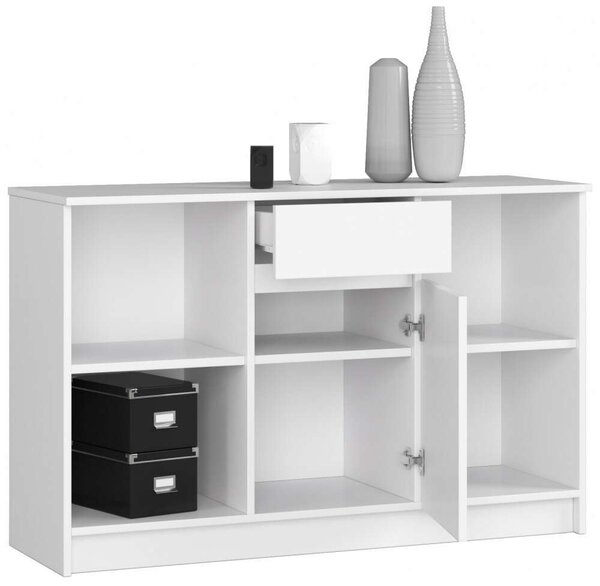 Akord - B-17 Komód 120 cm, 1 Fiókos, 1 Ajtós, Matt Fehér, Laminált Csomagolóanyagból, CLP Bútorcsalád, Összeszerelhető, Modern Stílus