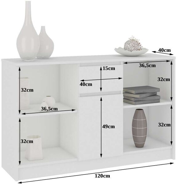 Akord - B-17 Komód 120 cm, 1 Fiókos, 1 Ajtós, Matt Fehér, Laminált Csomagolóanyagból, CLP Bútorcsalád, Összeszerelhető, Modern Stílus
