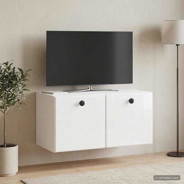 Fali TV szekrény 59,5 x 31 x 30 cm Magasfényű Fehér Szerelt Fa