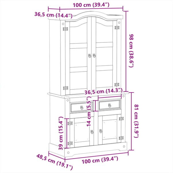 VidaXL Corona Vitrinszekrény - Tömör Fenyőfa - 100x48,5x179 cm
