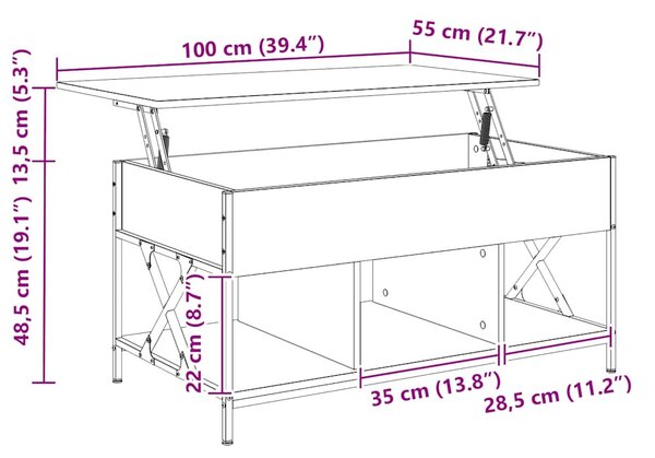Szürke sonoma szerelt fa és fém dohányzóasztal 100 x 55 x 50 cm