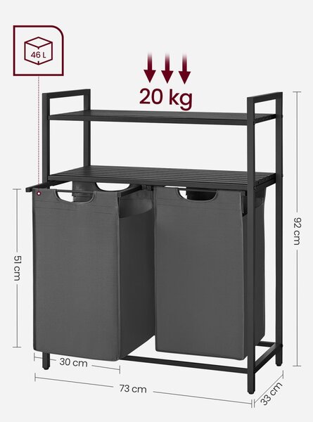 Szennyestartó, polccal kihúzható és levehető ruhatartó zsákkal 2x46L, fekete-szürke