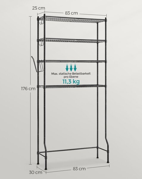 Tároló polc WC fölé, helytakarékos tároló állvány, fekete 83x30x179cm