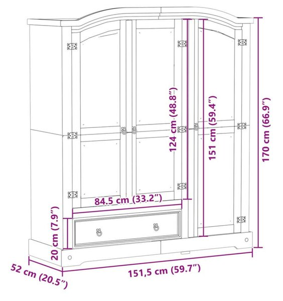 VidaXL Corona Gardróbszekrény - Tömör Fenyőfa - 151,5x52x170 cm