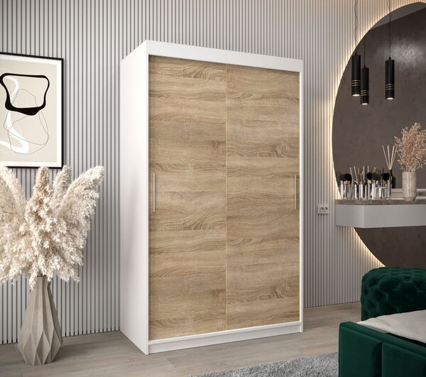 Tolóajtós gardróbszekrény 120 cm széles TIMEA - fehér / sonoma tölgy