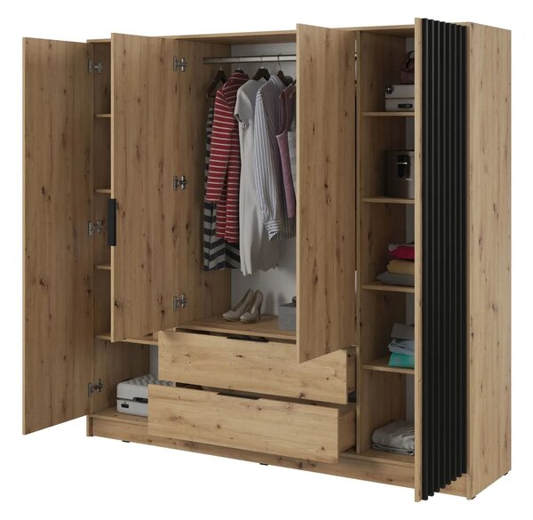 Négyajtós MARFA gardróbszekrény - szélesség 206 cm, artisan tölgy / fekete