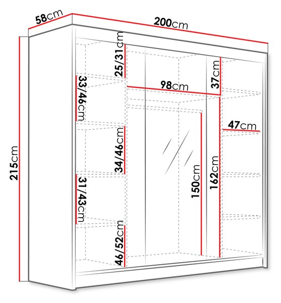 Nagy tükrös gardrób 200 cm TIOGA - kasmír