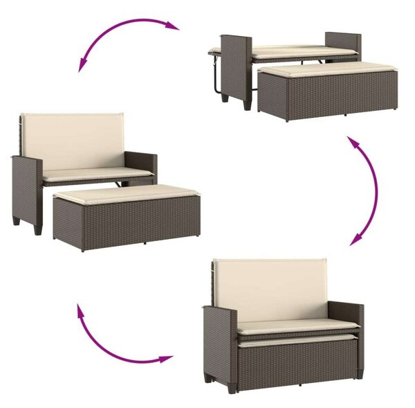 VidaXL barna polyrattan kerti pad párnákkal és lábtartóval