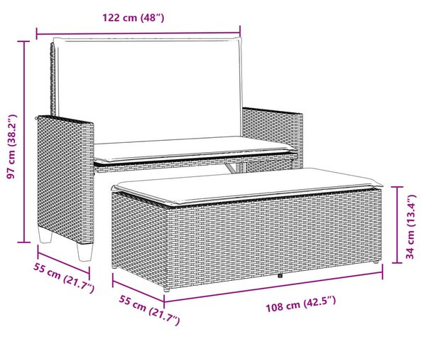 VidaXL világosszürke polyrattan kerti pad párnákkal és lábtartóval