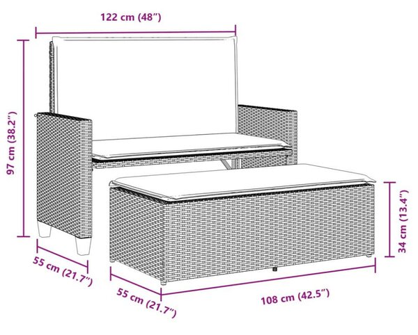 VidaXL bézs polyrattan kerti pad párnákkal és lábtartóval
