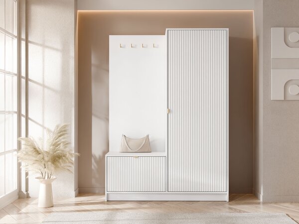 Előszoba garnitúra Comfivo Larmire 128, 180x120x40cm, Fehér, Közepes sűrűségű farostlemez, Laminált forgácslap