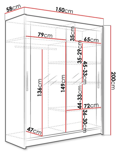 Magas gardróbszekrény 150 cm tükörrel ELADIO 11 - sonoma tölgyfa