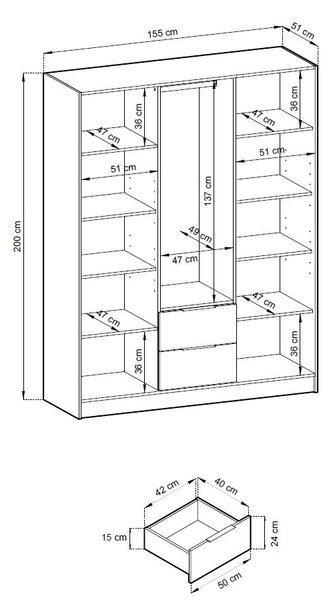 Háromajtós szekrény tükörrel MARFA - szélesség 155 cm, kasmír / fekete