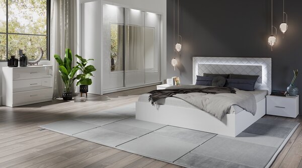 Nagy tükrös gardrób 208 cm PAMPLONA - alpesi fehér / fényes fehér + INGYENES LED világítás