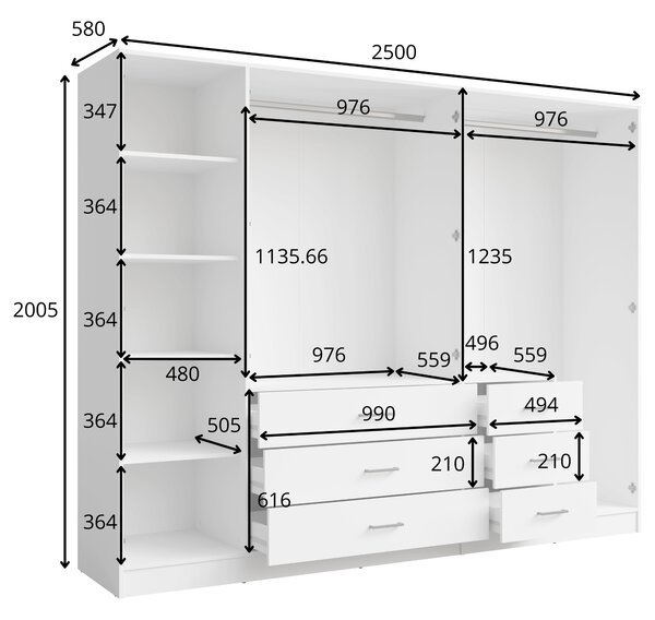 Nagyméretű tükrös gardróbszekrény 250 cm SIBATE - fehér
