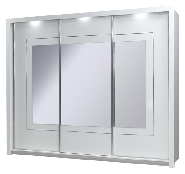 Nagy tükrös gardrób 208 cm PAMPLONA - alpesi fehér / fényes fehér + INGYENES LED világítás